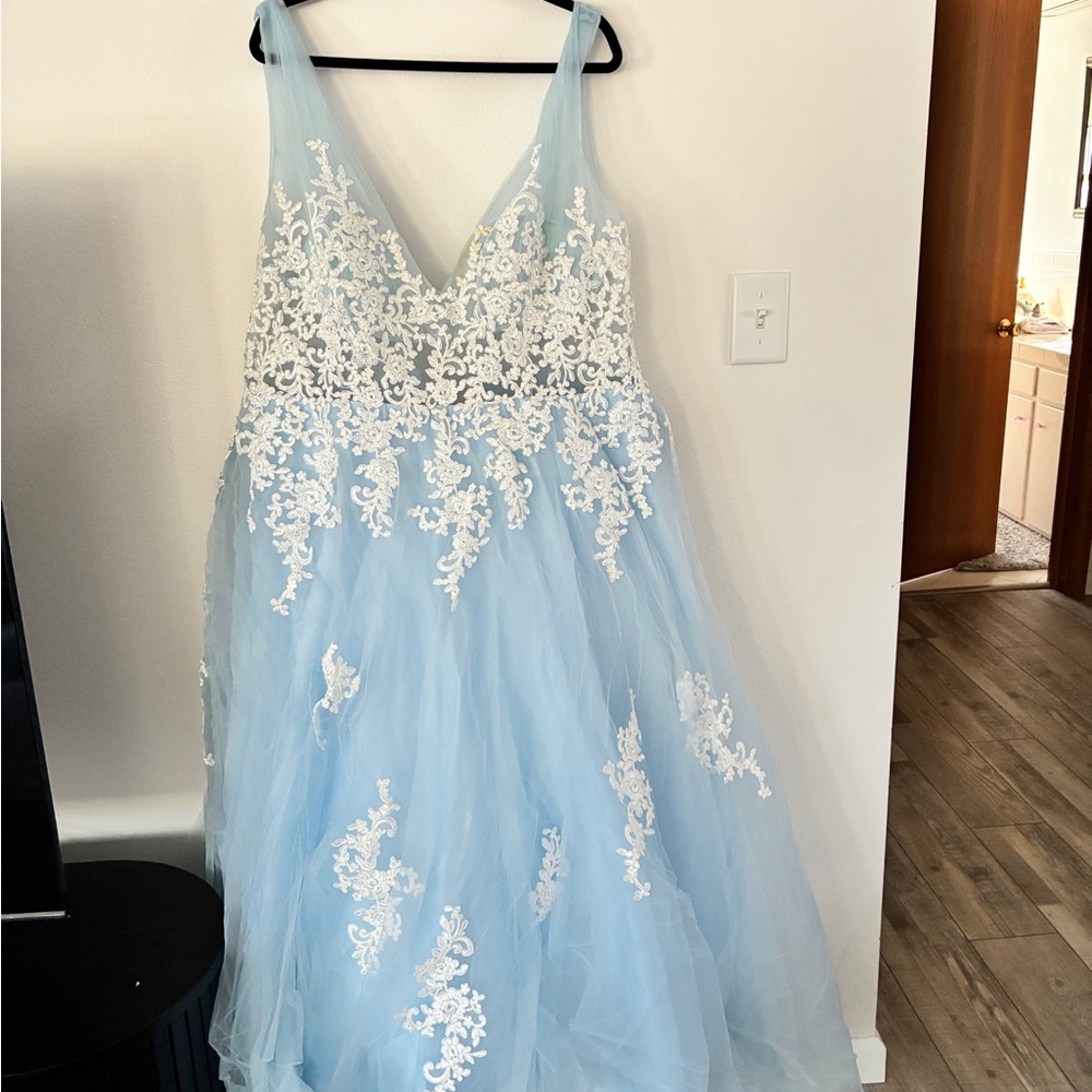 JJs House Light Blue and White Prom Dress